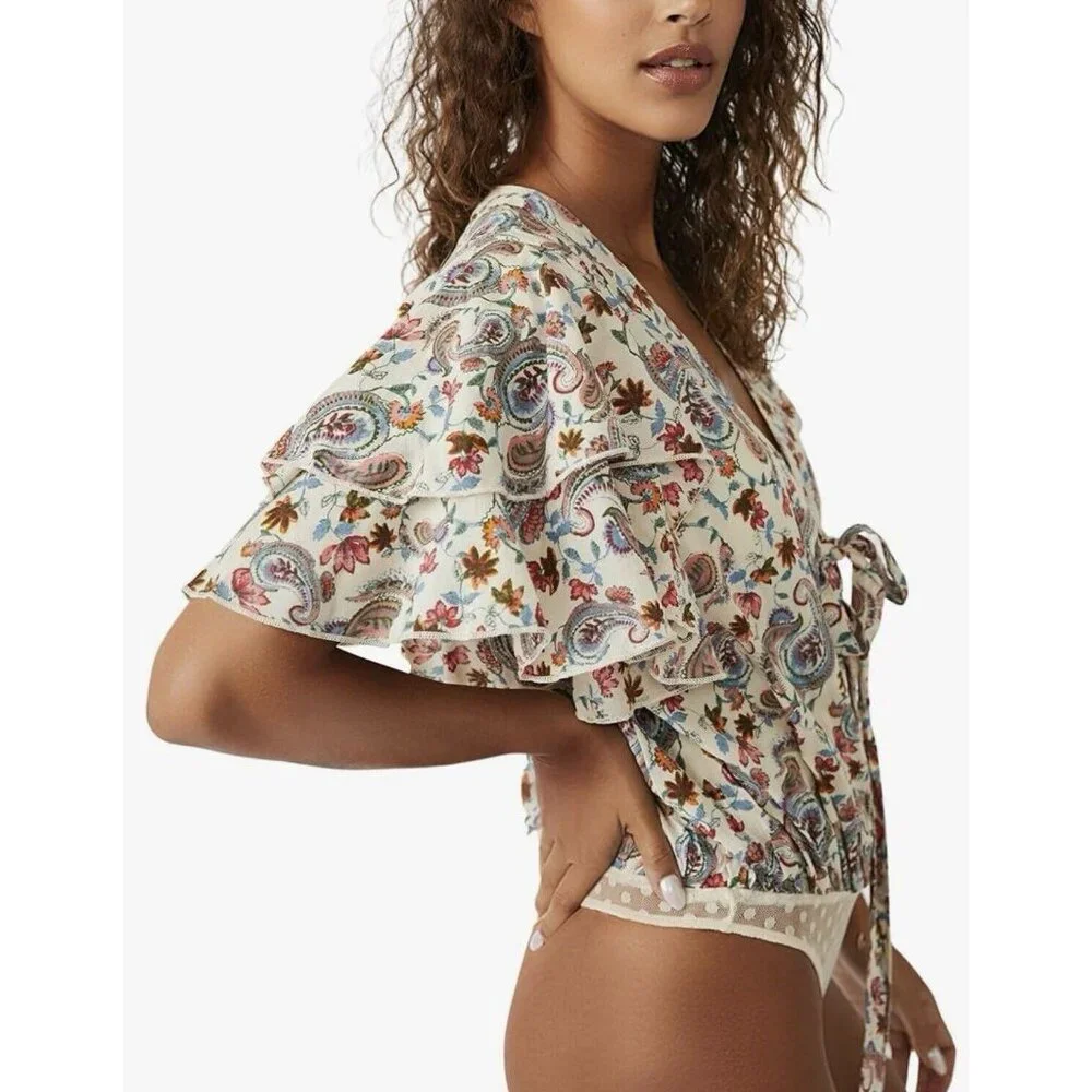 FREE PEOPLE women size Large Call Me Later Bodysuit Top Paisley Printed v-neck - Picture 2 of 11